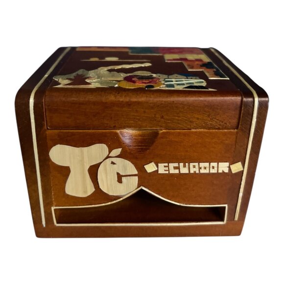 Handcrafted Wood Tea Box – Ecuador Inlaid Design – “Té” Storage – Colorful Marqu - Picture 1 of 5